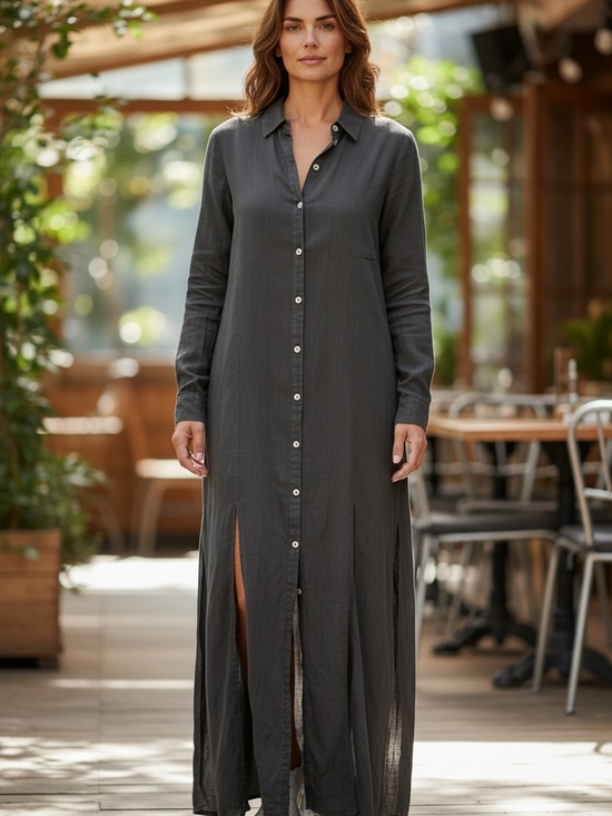 Lu.el Tops - Lu.el Linen Long Button-Front Shirt Dress / Duster in Charcoal Gray